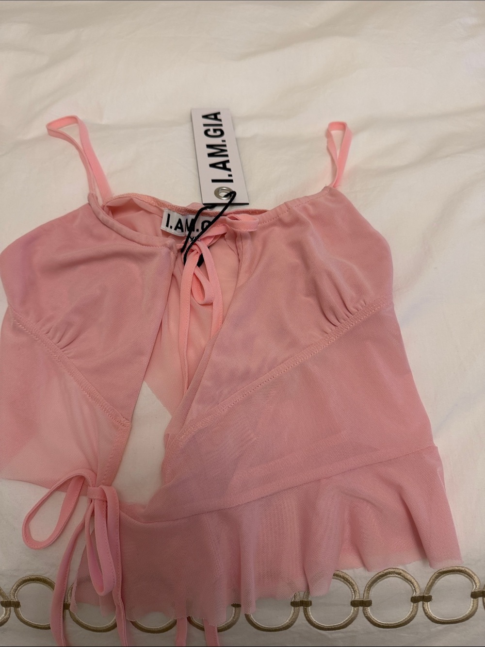 I.AM.GIA Light Pink Sheer Tie-Front Mesh Crop Top